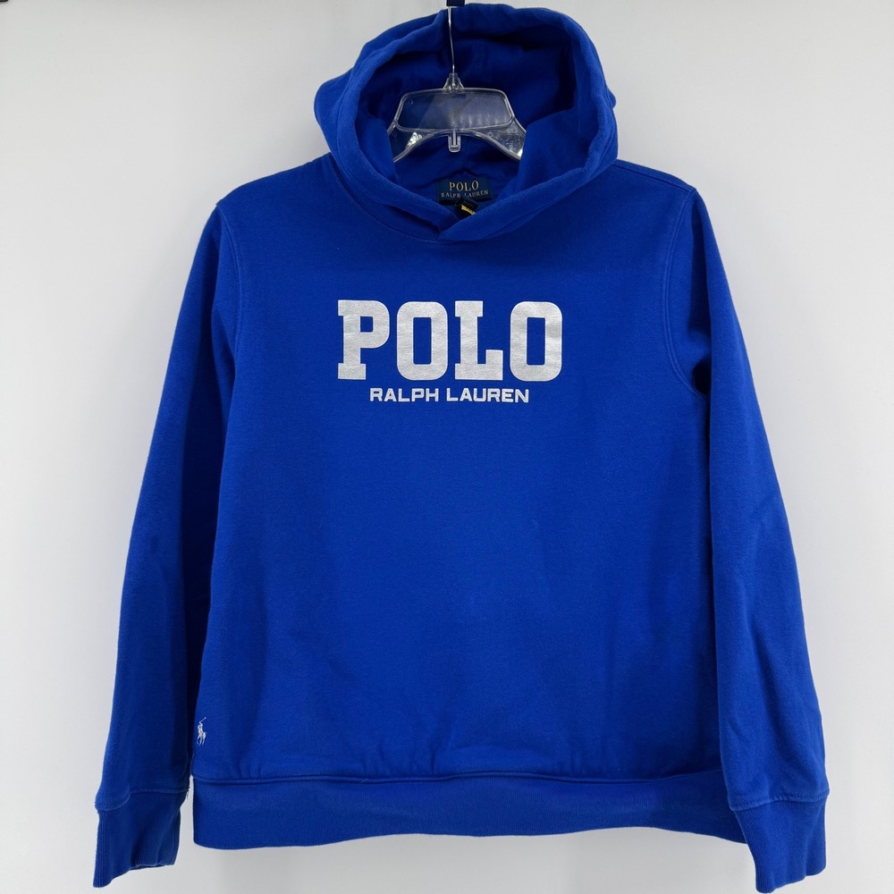 Polo Ralph Lauren Hoodie Boys L 14-16 Blue Silver Foil Logo‎ Pullover Sweatshirt